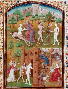 Nascimento de Eva da costa de Adão, Adão e Eva colhendo os frutos defendidos e depois caçadas do Paraíso Miniatura tirada de "Casos de homens e mulheres nobres infelizes" (De casibus) por Giovanni Boccaccio dit Jean Boccace (1313-1375), escritor italiano, 