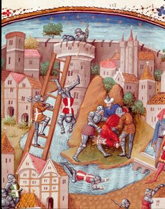 Conquete de uma cidade fortificada Detalhe. Miniatura tirada de "Des cas des des nobles hommes et femmes infortunes" (De casibus) de Giovanni Boccaccio dit Jean Boccace (1313-1375), escritor italiano, traduzido por Laurent de Premierfait e iluminado pelo m