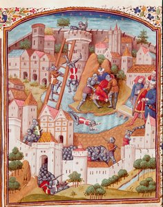 Conquete de uma cidade fortificada Miniatura tirada de "Casos de homens e mulheres nobres infelizes" (De casibus) de Giovanni Boccaccio dit Jean Boccace (1313-1375), escritor italiano, traduzido por Laurent de Premierfait e enlumine pelo mestre de Dunois (