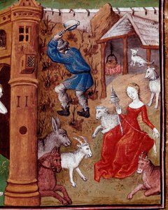 Representação de Adão colhendo a terra e Eva girando a lã depois de ter sido caçado do Paraíso terrestre. Miniatura tirada de "Des cas cas des des nobles hommes et femmes infortunes" (De casibus) de Giovanni Boccaccio dit Jean Boccace (1313-1375), Itali