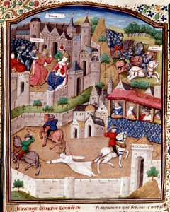 O Tormento de Brunehaut O Merovingian Queen Brunehilde (543-613) é retirado por três cavalos por ordem do Rei Clotaire (Clothaire) - Miniatura retirada de "Casos de homens e mulheres nobres infelizes" (De casibus) por Giovanni Boccaccio dit Jean Boccaccio 