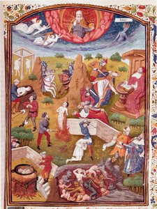 Visão de Boccace: cena de tortura, enforcamento, massacre Miniatura tirada de "Casos de infortúnios de homens e mulheres nobres" (De casibus) de Giovanni Boccaccio dit Jean Boccace (1313-1375), escritor italiano, traduzido por Laurent de Premierfait e enlu