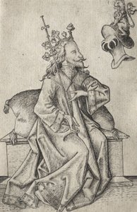 As pequenas cartas de baralho: Segundo naipe: Capacetes: Carta de baralho com rei e capacete,