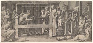 Mulheres fiando, tecendo e costurando, meados do século XVI.