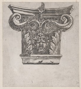 Speculum Romanae Magnificentiae: Capital com volutas de peapod e cabeça de sátiro, ca. 1537., ca. 1537.