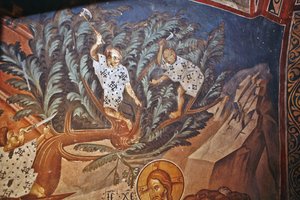 A entrada de Cristo em Jerusalém. Detalhe: Crianças cortando galhos de palmeiras, século XIV de Master Gerasime