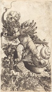 Cupido montando um caracol sobre a vegetação de fungos de Master H.L.