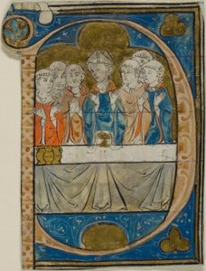 Bispo na missa em uma inicial historiada "P" de um livro de coro de Master Honoré