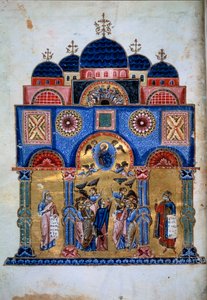 A Ascensão de Cristo. Manuscrito grego "Homelies to the Virgin" (Folio 3v) de Jacques de Kokkinobaphos de Master Kokkinobaphos