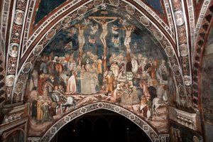 O Crucifixo Fresco do Mestre do Sacro Speco. Século XIV. Igreja Superior. Mosteiro de São Benedetto (Sacro Speco), Subiaco (Roma), Itália.