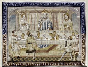 César Augusto, sua esposa e filho à mesa De: Jean Hayton, Flor de histórias da terra do Oriente, c.1410 de Master of Berry Apocalypse