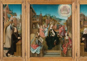 Tríptico com Virgem e Criança com Santos (centro), Doador masculino com São Martinho (esquerda, ala interior), Doador feminino com São Cunera (direita, ala interior), e a Anunciação (asas exteriores) de Master of Delft
