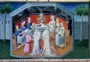 Os irmãos Nicolo e Matteo Polo, pai e tio do jovem Marco Polo (1254-1324) foram recebidos na corte do Qubilai (Kubilai Khan, primeiro imperador da dinastia Yuan mongol (1215-1294), imperador mongol em 1271". Miniatura tirada de "The