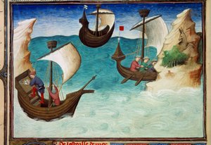 Navegadores no Oceano Índico orientados com estrelas e astrolábio. Miniatura em "O Livro das Maravilhas do Mundo", Sra. 2810, fólio 188v iluminado pelo Mestre de Egerton, escrito por John (Jehan) de Mandeville (1300? 1382). Por volta de 1410-1412. BN, Pari