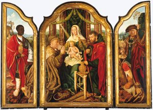 A Sagrada Família com Melchior oferecendo ouro ao Menino Jesus de Master of Frankfurt