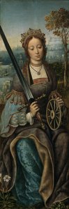 Tríptico da Sagrada Família, com música fazendo anjos. Painel esquerdo: Santa Catarina, ca 1510-1520 de Master of Frankfurt