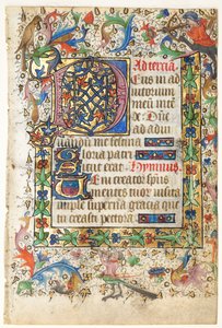 Folha de um Livro de Horas: D[eus] inicial decorada com borda foliada (Abertura da Terça: Horas do Espírito Santo)