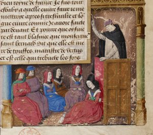 Jacques de Voragine pregando, pormenor de uma miniatura do frontispício de um manuscrito da Lenda Áurea.