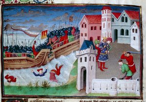Cena de batalha e decapitação. Ilustração do romance “O Decameron” de Giovanni Boccaccio (Jean Boccace de Master of Jean Mansel