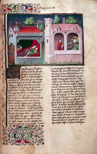 Cena galante: dois casais a conversar. Página de um manuscrito em francês do "Decameron" de Giovanni Boccaccio dit Jean Boccace (1313-1375), escritor italiano, alistado pelo Mestre de Mansel. 1450. Paris, Biblioteca do Arsenal de Master of Jean Mansel