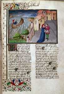 A página de partida retirada de um manuscrito em francês do "Decameron" de Giovanni Boccaccio dit Jean Boccaccio (1313-1375), escritor italiano, iluminado pelo Mestre de Mansel. 1450. Paris, Biblioteca do Arsenal de Master of Jean Mansel