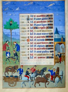 Página de colheita e transporte do manuscrito iluminado do "Livro de Horas da Duquesa de Borgonha, Adelaide de Sabóia" do Mestre de Adelaide de Sabóia (século XV) e do Mestre de Jean Rolin (século XV) de Master of Jean Rolin II