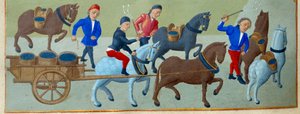 A vindima e o transporte Detalhe de uma página manuscrita iluminada tirada do "Livro de Horas da Duquesa de Borgonha, Adelaide de Savoy" pelo Mestre de Adelaide de Savoy (século XV) e pelo Mestre de Jean Rolin (século XV) de Master of Jean Rolin II