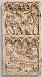 Folha de um Díptico com a Crucificação e Natividade, alemão, ca. 1375-1400. de Master of Kremsmunster