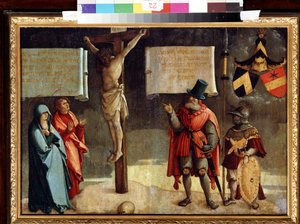 Crucificação com os Doadores. Crucificação com os Doadores. Pintura pelo Mestre de Messkirch (ca. 1500-1543). Óleo sobre madeira. Arte renascentista alemã. Museu de Belas Artes, Pushkin, Moscovo