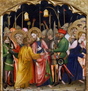 O beijo de Judas, pelo Mestre de Rubio (século XIV), predella do retábulo da Igreja de Santa Maria, Rubio, pintura sobre madeira.