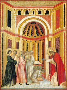Bispo Urbano baptizando Tiburcio, detalhe do retábulo da Lenda de Santa Cecília, cerca de 1304, pelo Mestre de Santa Cecília (activo no início do século XIV), tempera em painel e folha de ouro estampada, 85x181 cm