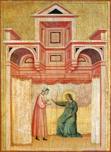 Cecília persuadindo o seu marido Valeriana ao baptismo, detalhe do retábulo representando Lenda de Santa Cecília, cerca de 1304, pelo Mestre de Santa Cecília (activo no início do século XIV), tempera em painel e folha de ouro estampada, 85x181 cm