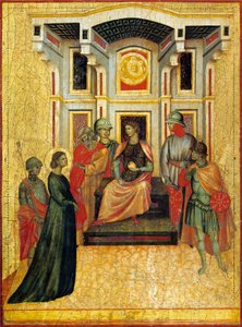 Santa Cecília contrastando questões de fé com prefeito, detalhe do retábulo representando Lenda de Santa Cecília, cerca de 1304, do Mestre de Santa Cecília (ativo início do século XIV), têmpera sobre painel e folha de ouro estampada, 85x181 cm