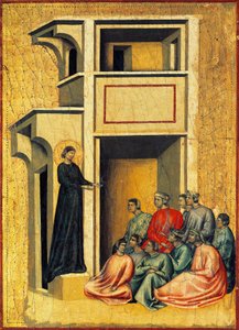 Santa Cecília convertendo soldados de prefeito, detalhe de retábulo representando Lenda de Santa Cecília, cerca de 1304, pelo Mestre de Santa Cecília (activo no início do século XIV), tempera em painel e folha de ouro estampada, 85x181 cm