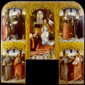 A Anunciação com São Lázaro e Antônio Abade, Catarina de Alexandria e Chiara, Antônio de Pádua e João Batista, Francisco e Jerônimo de Master of Saint John the Evanglist
