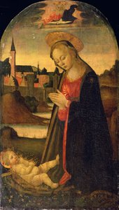 The Madonna Adoring the Child, A Town on a River beyond, c.1478 (óleo sobre painel) de Master of San Miniato