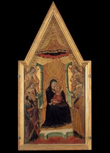 A Virgem em majestade entre São Paulo, São Pedro e quatro anjos, retábulo do mestre de Santa Maria (século XIV). Dim 0,28 x 0,58 m. Avignon, Musee du Petro Palais de Master of Santa Maria di Castello