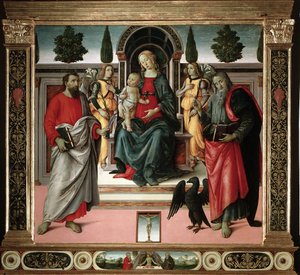 Virgem com criança com São João e São Bartolomeu Pintura do mestre do Santo Espírito (século XV) Florença, Igreja do Santo Espírito, Itália de Master of Santo Spirito