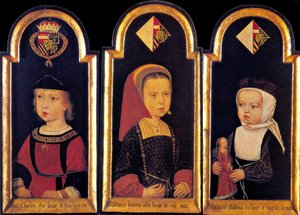 Arquiduque Charles, o mais tarde Sacro Imperador Romano Carlos V., com suas irmãs Eleanor e Isabella na idade de 2 anos, 1502 de Master of St.Georgsgilde