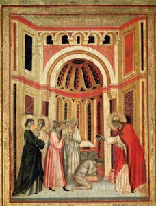 Santa Cecília e a história da sua vida Detalhe: Bispo Urbano batiza Tiburtius, irmão de Valerianus - retábulo, c.1290-1320