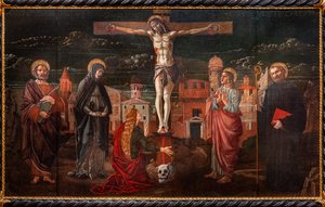 Cristo crucificado entre São Pedro, a Virgem, Maria Madalena, São João o apóstolo e São Bento de Master of St. Peter in Vicenza