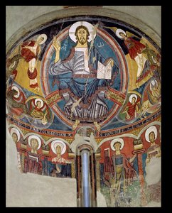 Cristo em Majestade ladeado por serafins e símbolos dos Evangelistas, apse fresco de San Climente em Taull (Tahull) Catalunha, c.1123 (fresco) de Master of Tahull