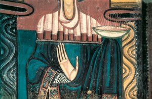 A Virgem. Detalhe. Fresco do Mestre de Saint Clement de Taull. 1123 aprox. da abside da Igreja de São Clemente de Taull (Sant Climent in Taull). Museu Nacional de Arte da Catalunha, Barcelona. de Master of Tahull