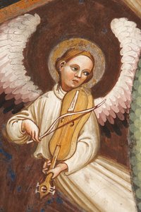 "Assunção da Virgem" e "a Virgem Maria deixando cair a cinta ou cinto sagrado a São Tomás", Detalhe de um anjo tocando música e um violino, c.1420 (fresco)