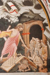 "Ressurreição" e "Descida ao Limbo", Detalhe da "Descida ao Limbo": Jesus toma a mão de Adão. Aos pés de Cristo, as portas do Inferno e a figura do Diabo no chão, c.1420 (fresco)