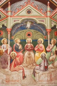 "O Pentecostes", Detalhe com santos rezando e Virgem Maria, e a pomba, c.1420 (fresco) de Master of Vignola
