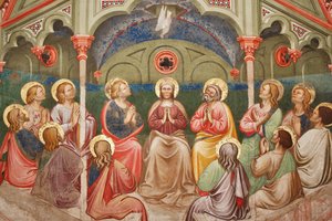 "O Pentecostes", Detalhe com os santos orantes e a Virgem Maria, e a pomba, c.1420 (fresco) de Master of Vignola