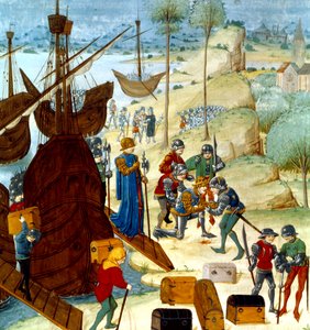 Rei eduardo iii, chegando em saint vaast la hogue em 12 de julho de 1346, ilustração do chroniques dAngleterre de Master of Wavrin