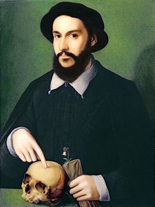 Retrato de um cavalheiro com a mão direita apontando para um crânio, c.1540