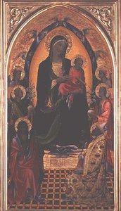 Madonna e Criança com São João Baptista e São Nicolau de Myra (tempera no painel) de Master of the Bambino Vispo